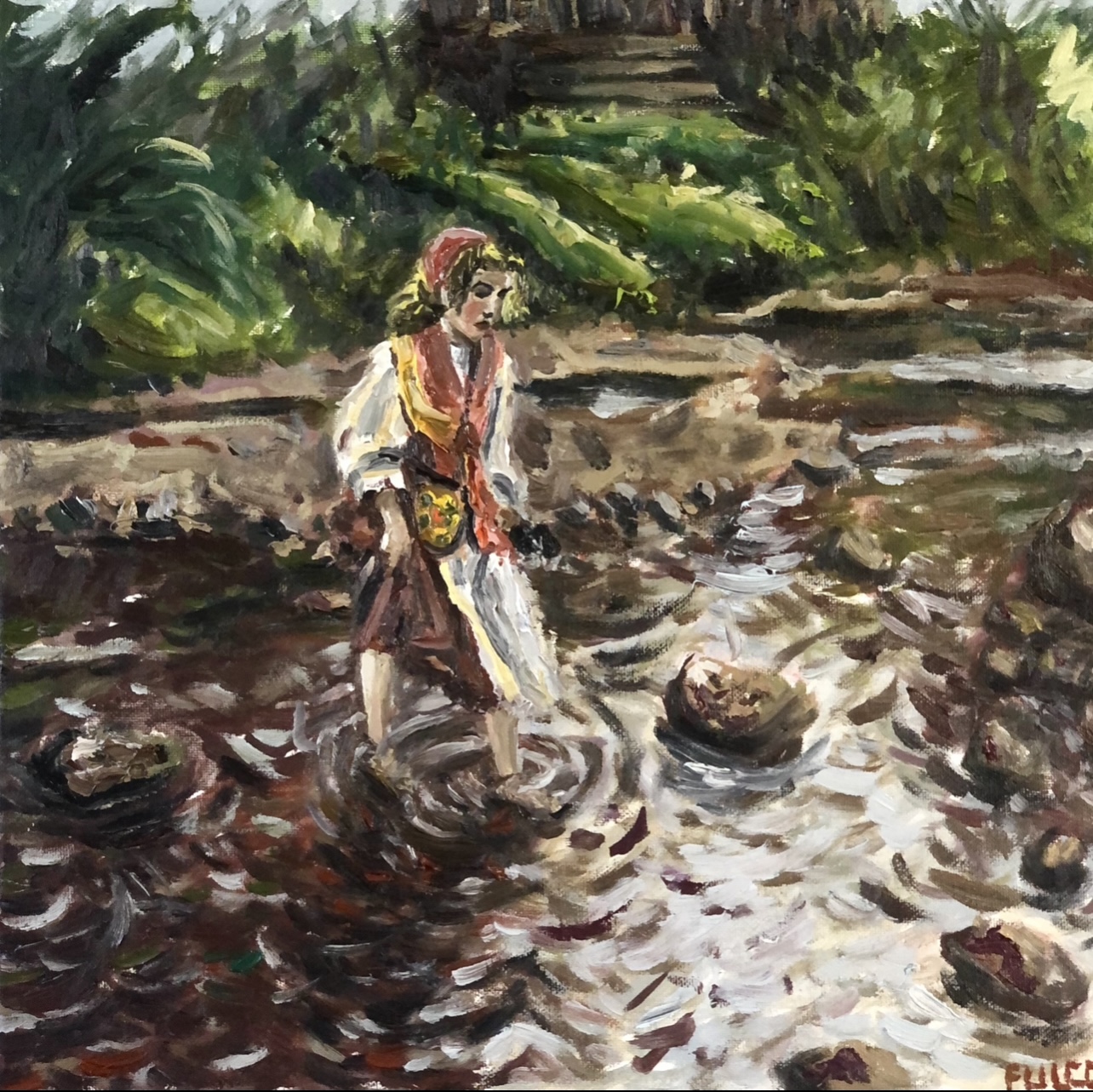 Mujer cruzando el rio
